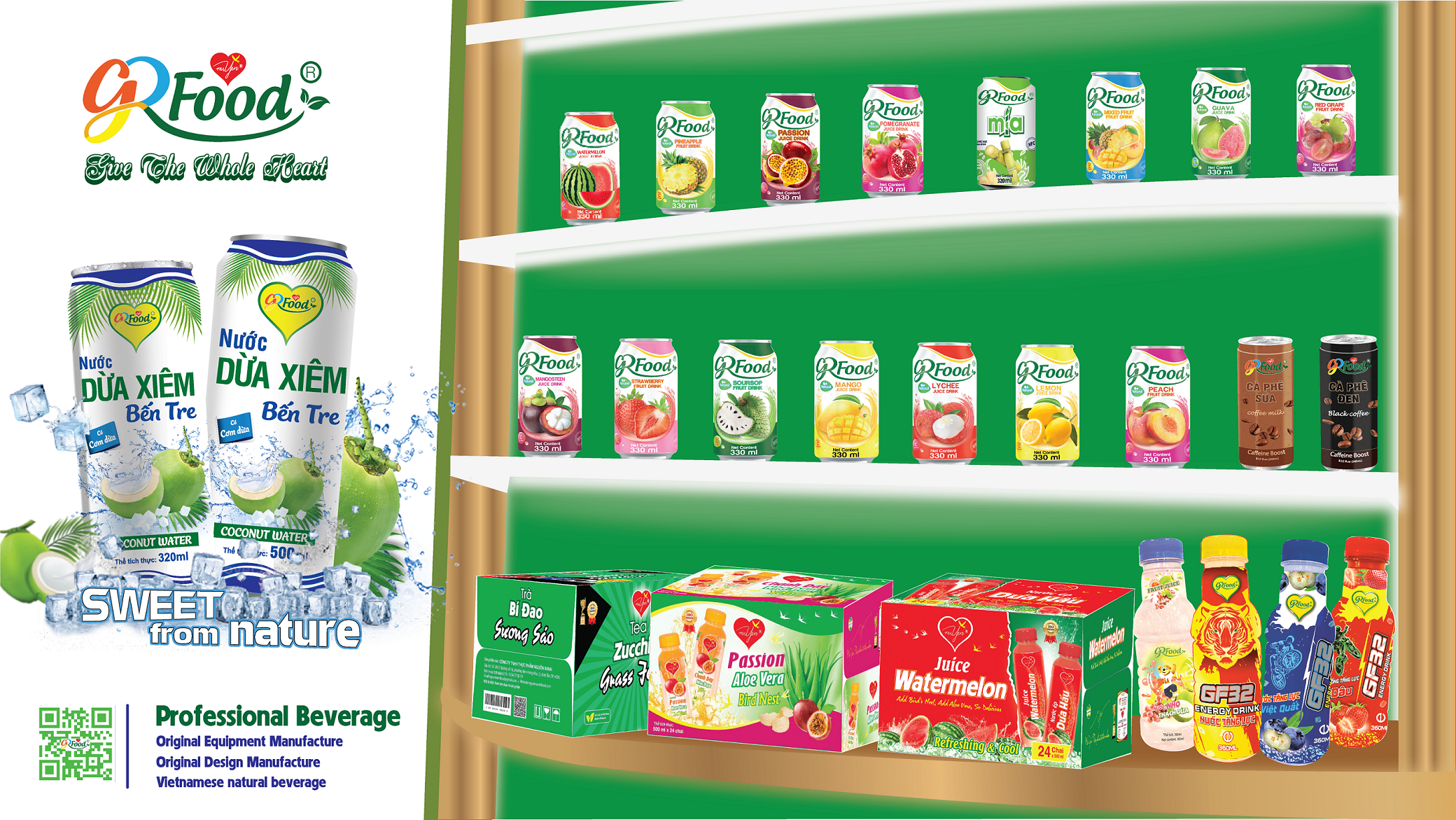 Green Food brand PET bottled and aluminum canned beverage products include: Coconut water, coconut water with coconut meat, energy drink with jelly, natural fruit juice, natural fruit juice with fruit pulp, sugarcane juice, aloe vera juice, green tea, herbal tea, coffee, coconut jelly fruit juice