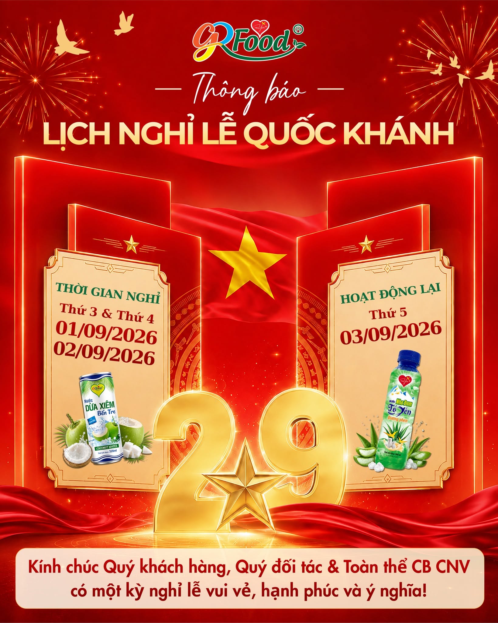 THÔNG BÁO LỊCH NGHỈ LỄ QUỐC KHÁNH 02/09