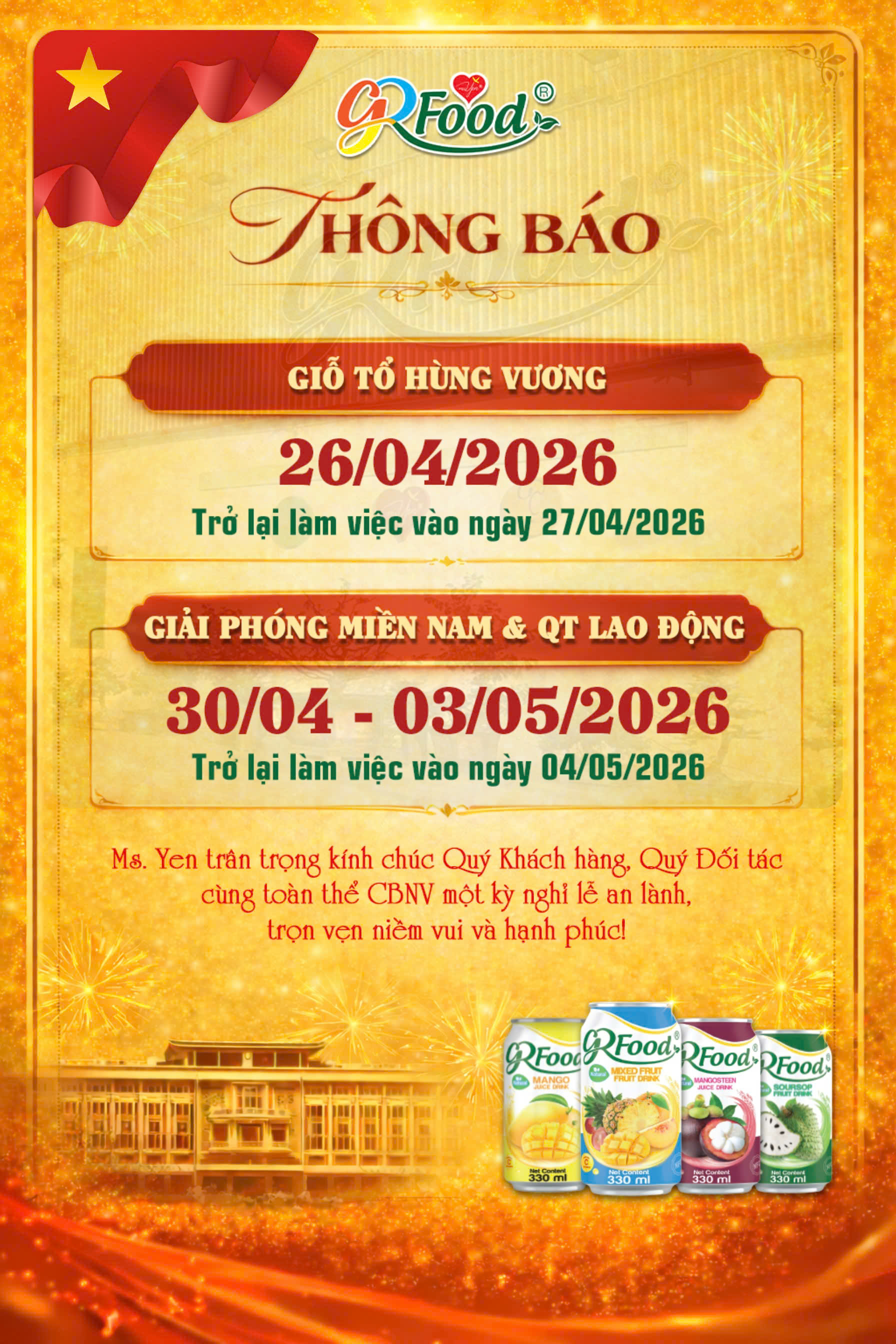 THÔNG BÁO LỊCH NGHỈ LỄ GIỖ TỔ HÙNG VƯƠNG & 30/4 – 1/5