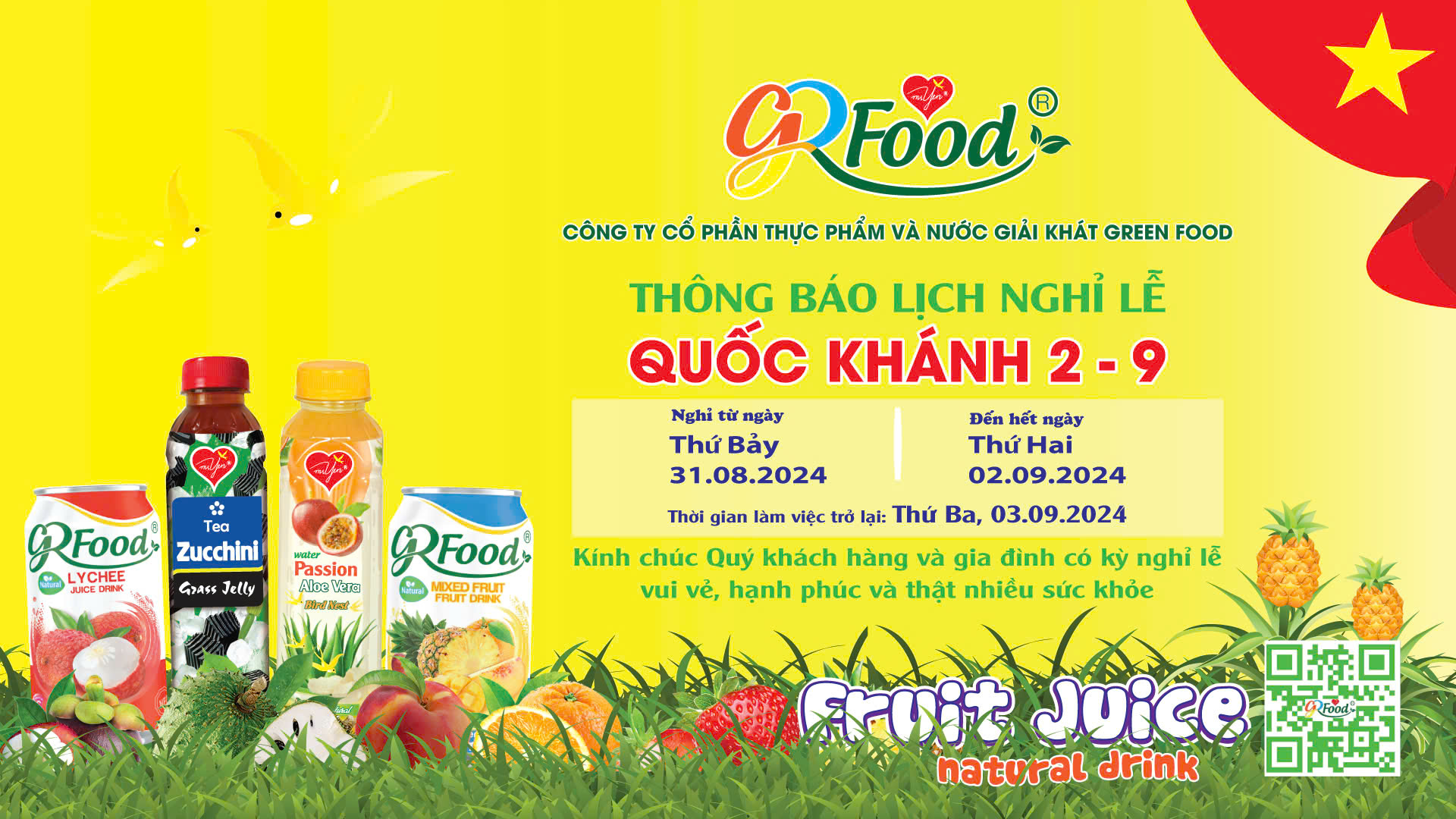 THÔNG BÁO LỊCH NGHỈ LỄ QUỐC KHÁNH 2/9/2024 CÔNG TY CỔ PHẦN THỰC PHẨM VÀ NƯỚC GIẢI KHÁT GREEN FOOD